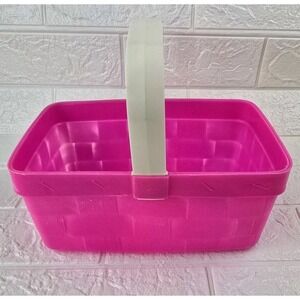 Vtg Rectangular Blow Mold Hard Plastic Easter Basket Pink Basket Weave Design